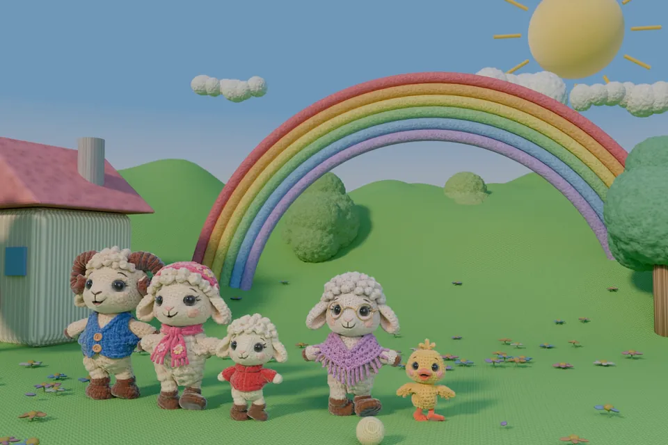 La famille Tricoti devant un arc-en-ciel tricoté et la maison en laine