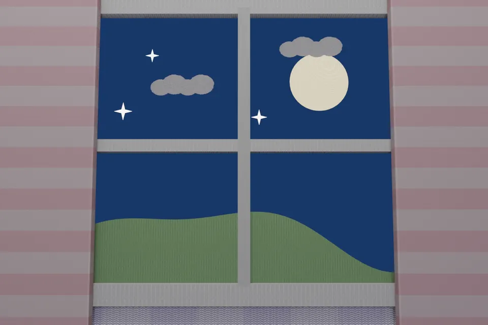 La lune et les étoiles tricotées par Mamie, à la fenêtre de la chambre