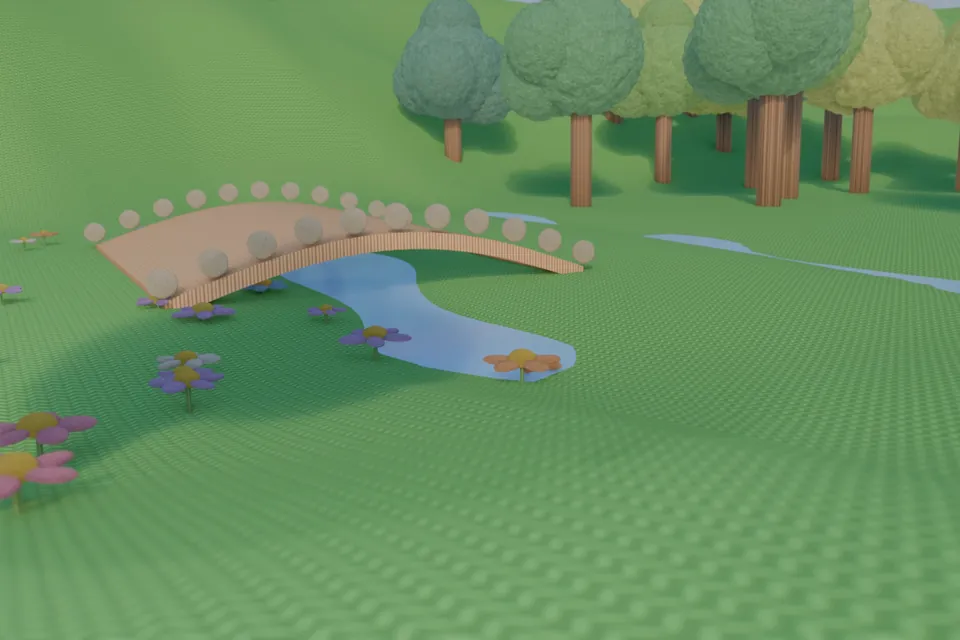 Un petit pont en bois au-dessus d’une rivière en ruban bleu